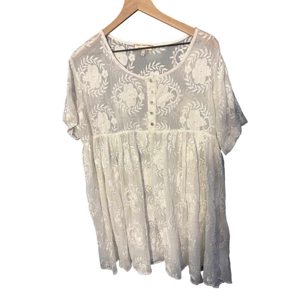 Eri + Ali Anthropologie Sheer White Embroidered Babydoll Dress Petite Medium MP - Picture 2 of 7
